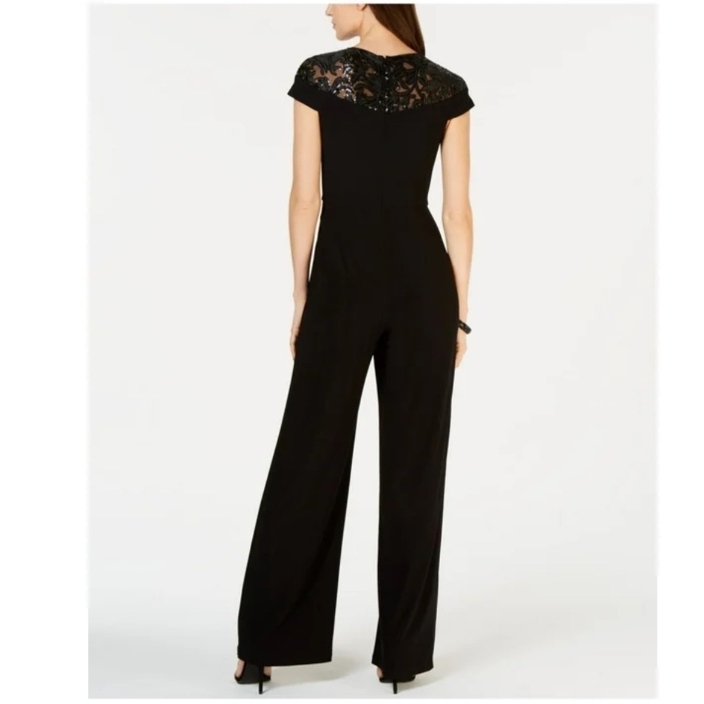Adrianna Papell Women Black Sequined Jewel Neck Evening Straight leg Jumpsuit 10 - Picture 8 of 11